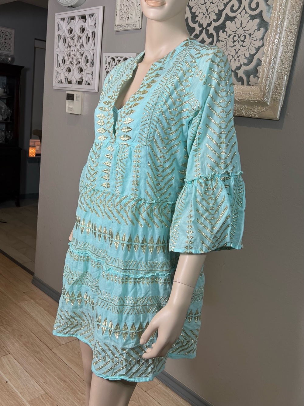 Boston Proper Light Aqua dress with Gold Metallic Embellishment - Picture 4 of 14